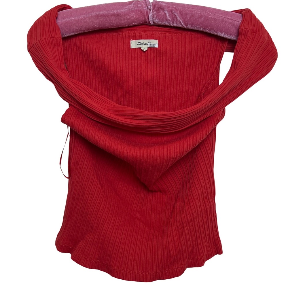 Madewell Womens Red Ribbed Off the Shoulder Bardot Knit Top Small Cropped Trendy